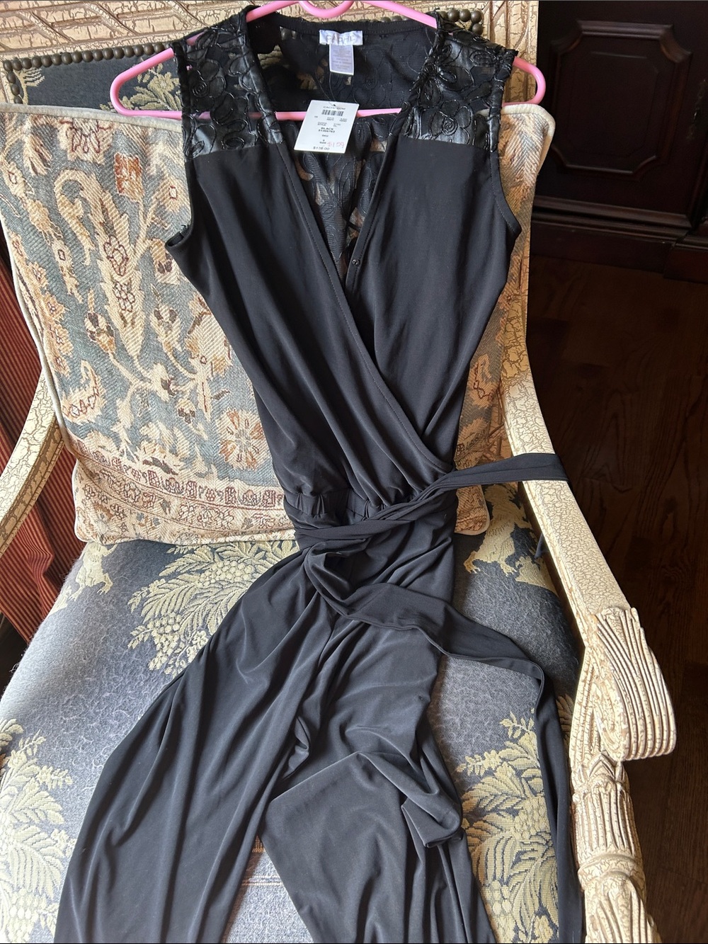 Cache Black Lace-Yoke Wrap Jumpsuit size 8 vintage like new